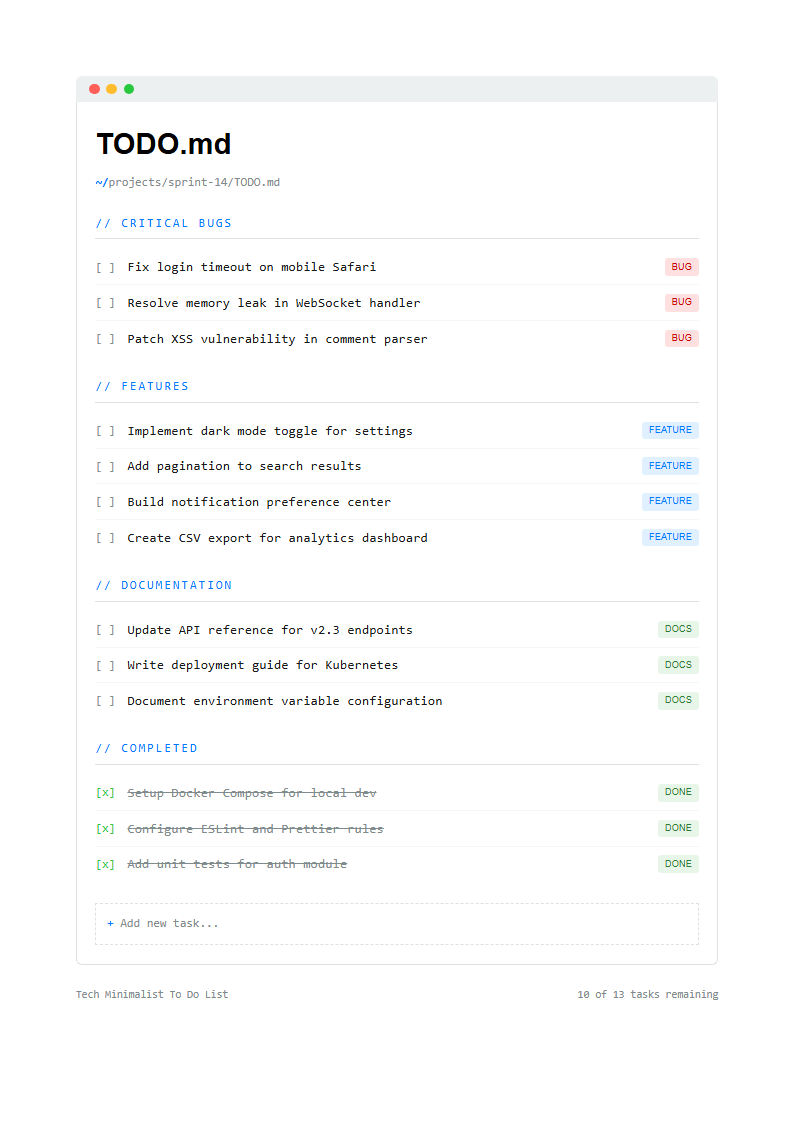 Tech minimalist to do list with terminal style